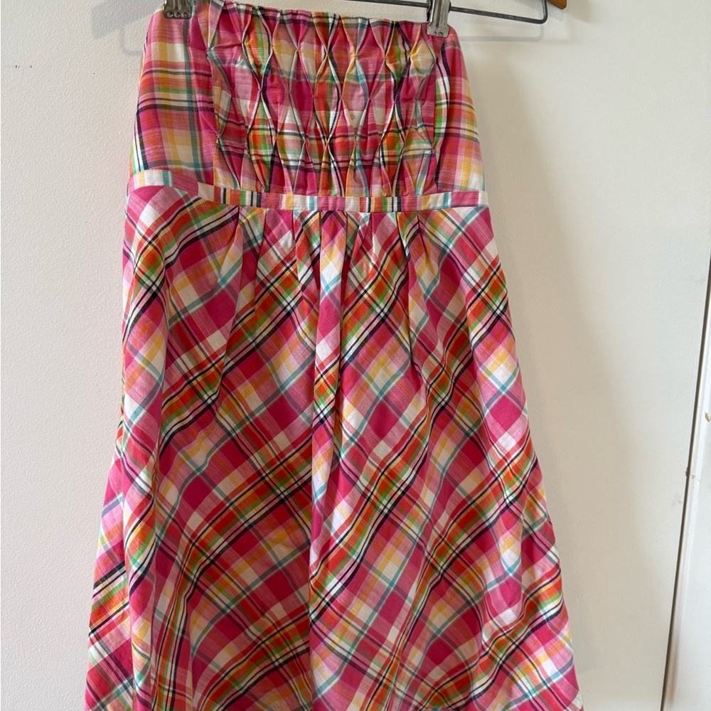 Vintage Lilly Pulitzer Multicolor Plaid A-Line Dress smocked stretch back